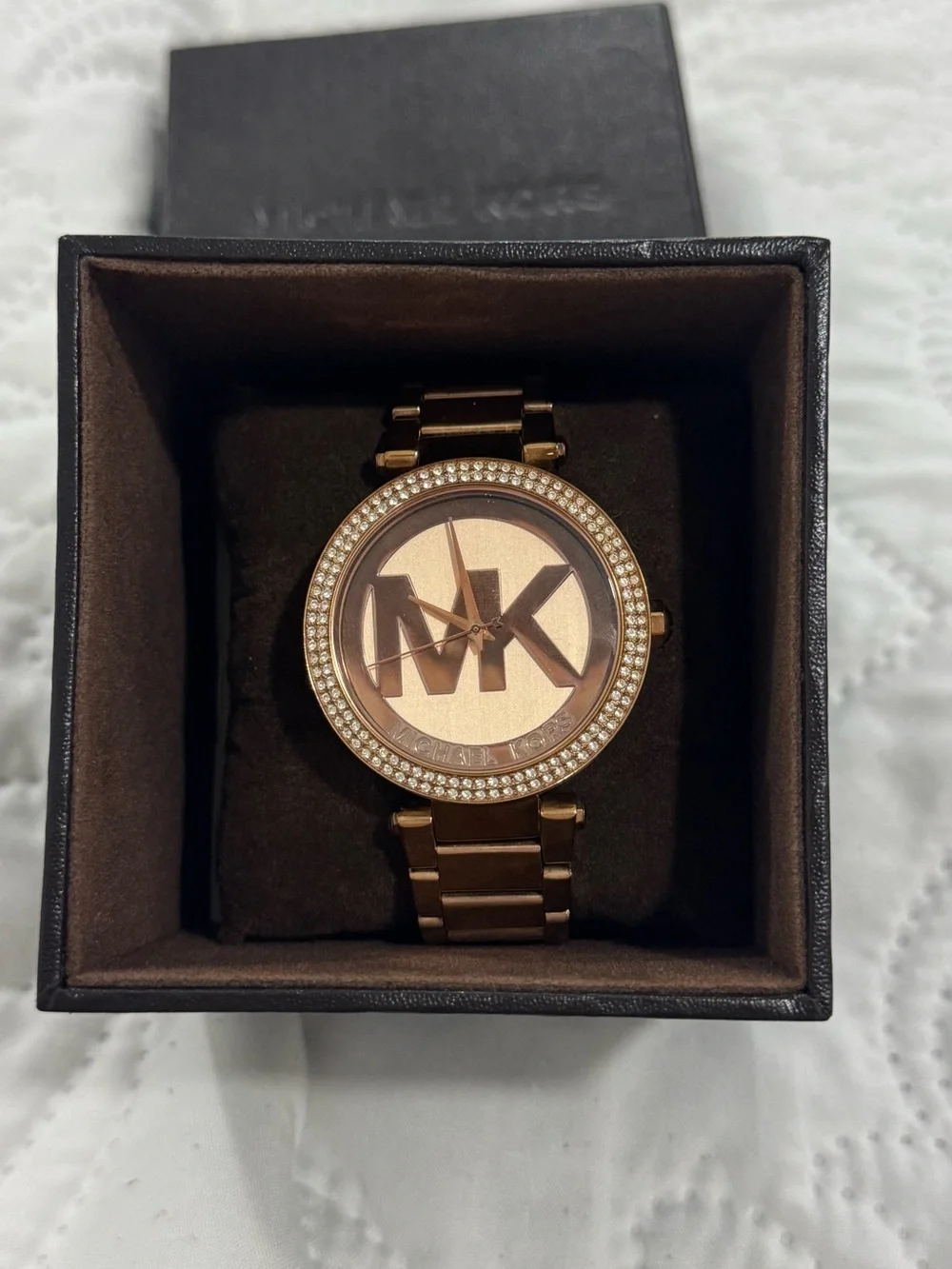 Michael Kors Rose Gold Logo Crystal Bezel Bracelet Watch